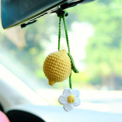 Crochet Lemon and Daisy Car Mirror Charm, Rear View Hanging Ornament, Yellow Fruit Car Interior Decor
