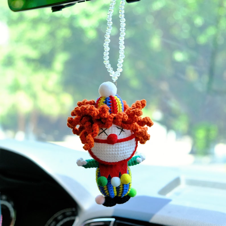 Crochet Carnival Clown Car Mirror Hanging, Halloween Car Rearview Ornament, Cute Car Hanging Accessories, Car Rear View Mirror Accessories