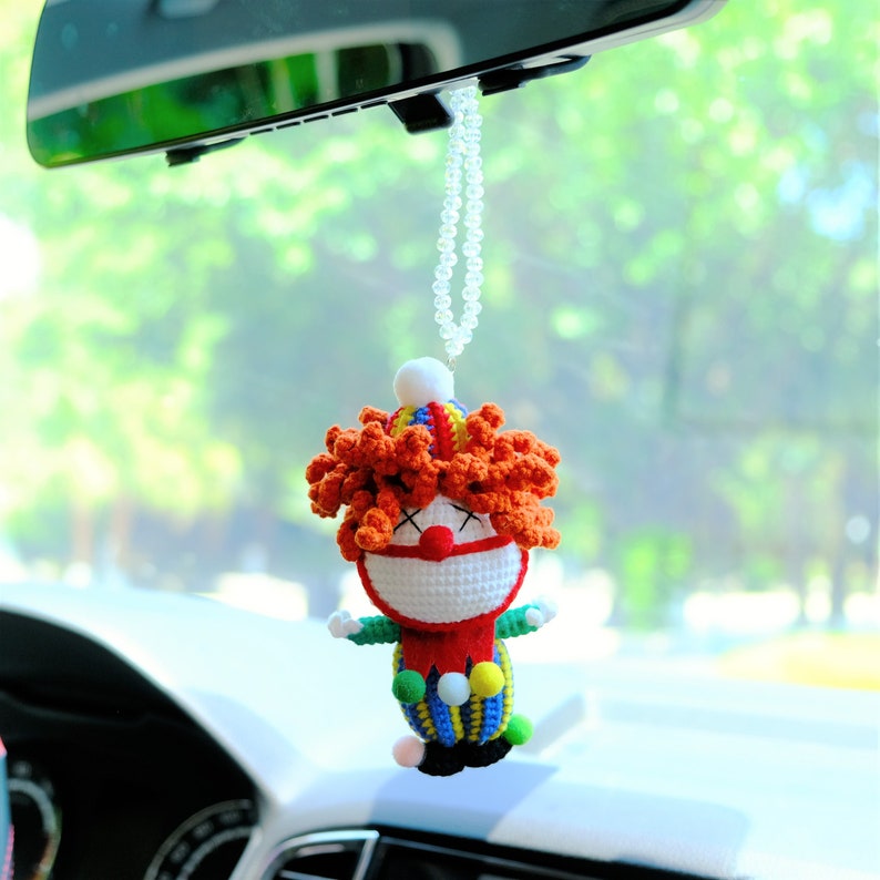 Crochet Carnival Clown Car Mirror Hanging, Halloween Car Rearview Ornament, Cute Car Hanging Accessories, Car Rear View Mirror Accessories