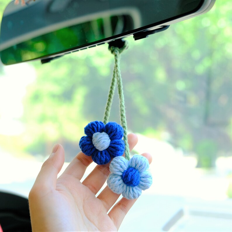 Crochet Flower Car Mirror Hanging Accessories, Rainbow Daisy Car Rear View Mirror Accessory, Cute Car Interior Accessory for Women