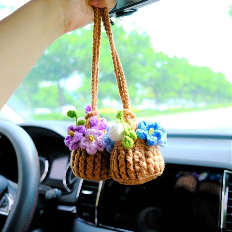 Crochet Forget Me Not Rearview Mirror Accessories, Blue/Purple Flower Basket Car Mirror Hanging Accessories, Cute Car Accessories for Women