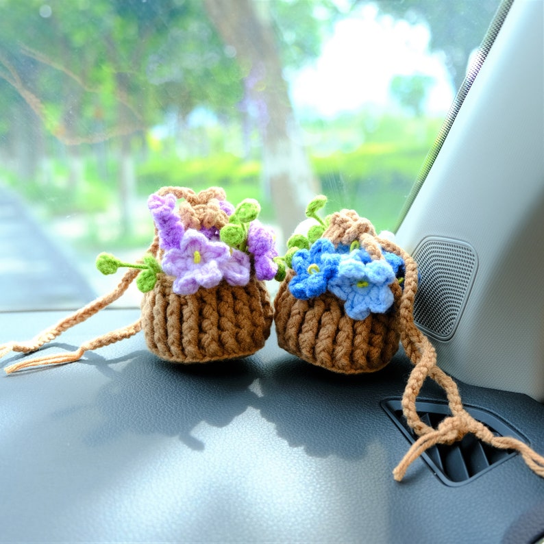 Crochet Forget Me Not Rearview Mirror Accessories, Blue/Purple Flower Basket Car Mirror Hanging Accessories, Cute Car Accessories for Women
