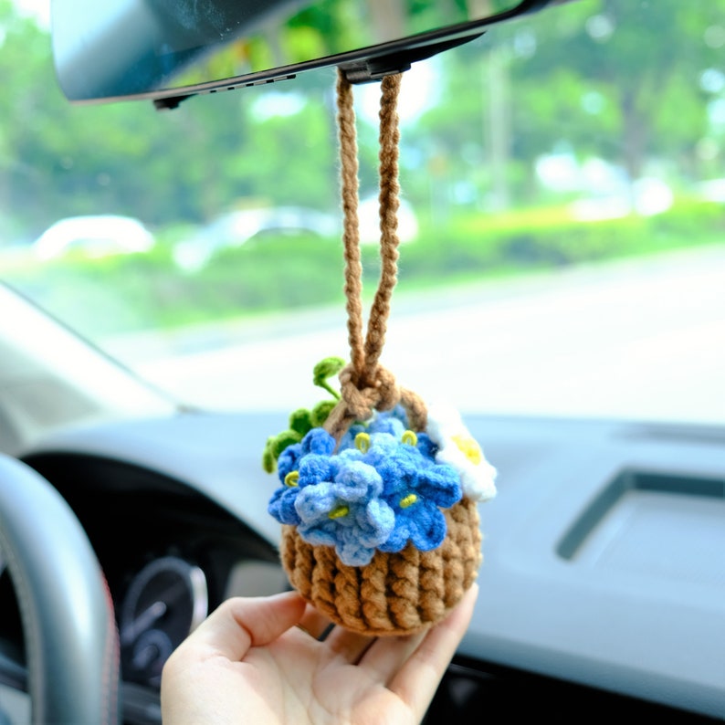 Crochet Forget Me Not Rearview Mirror Accessories, Blue/Purple Flower Basket Car Mirror Hanging Accessories, Cute Car Accessories for Women