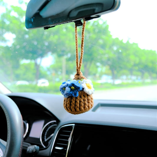 Crochet Forget Me Not Rearview Mirror Accessories, Blue/Purple Flower Basket Car Mirror Hanging Accessories, Cute Car Accessories for Women