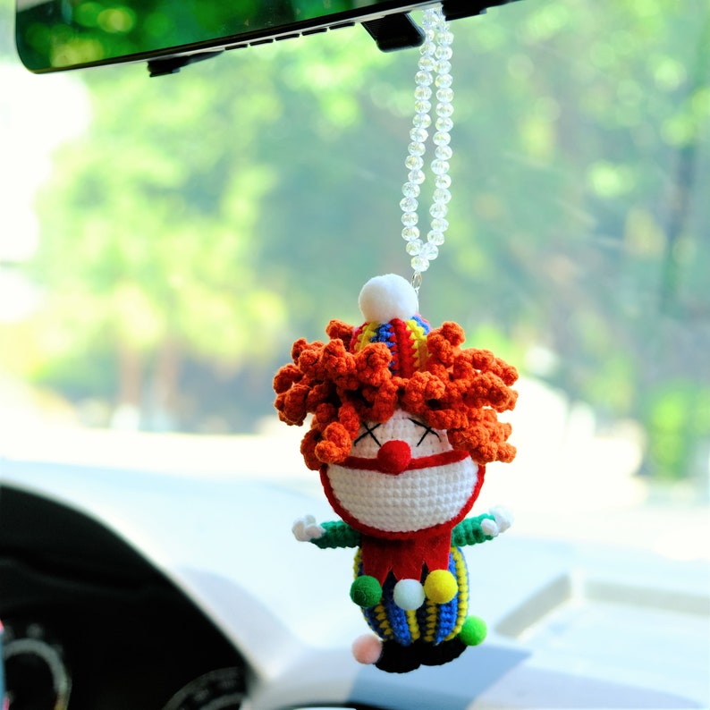 Crochet Carnival Clown Car Mirror Hanging, Halloween Car Rearview Ornament, Cute Car Hanging Accessories, Car Rear View Mirror Accessories