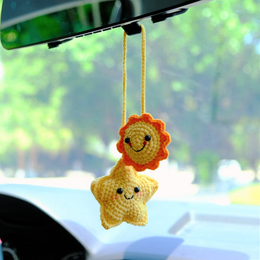 Crochet Smiley Face Sunflower & Star Car Mirror hanging Accessory, Cute Rear View Mirror Car Charms, Anime Interior Car Accessory for Women