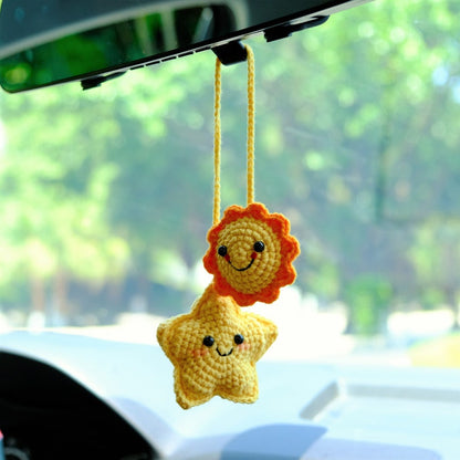 Crochet Smiley Face Sunflower & Star Car Mirror hanging Accessory, Cute Rear View Mirror Car Charms, Anime Interior Car Accessory for Women