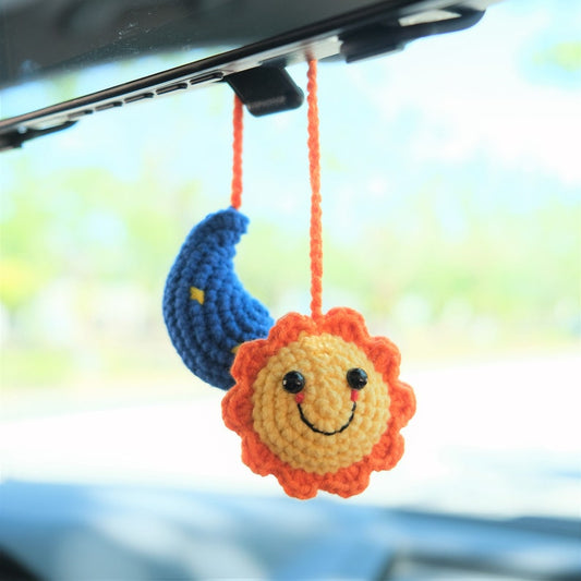 Crochet Smiley Sun & Moon Car Mirror Hanging Accessory, Car Rear Mirror Accessory, Boho Car Accessory for Women, Anime Interior Car Decor
