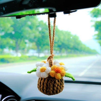 Crochet Fluffy Flowers Car Mirror Hanging Accessories, Mini Daisy Flower Basket Car Rear View Mirror Accessory, Cute Interior Car Accessory
