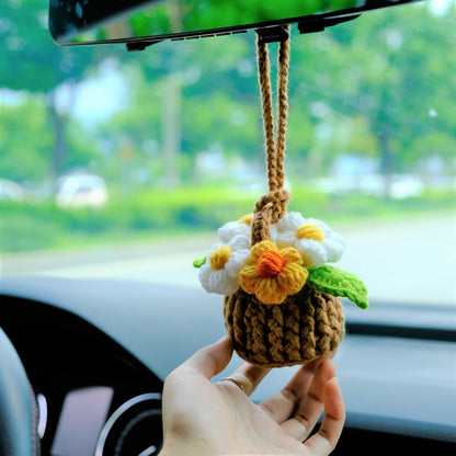 Crochet Fluffy Flowers Car Mirror Hanging Accessories, Mini Daisy Flower Basket Car Rear View Mirror Accessory, Cute Interior Car Accessory