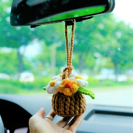 Crochet Fluffy Flowers Car Mirror Hanging Accessories, Mini Daisy Flower Basket Car Rear View Mirror Accessory, Cute Interior Car Accessory