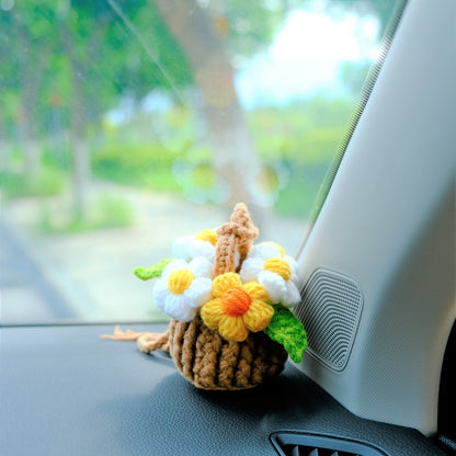 Crochet Fluffy Flowers Car Mirror Hanging Accessories, Mini Daisy Flower Basket Car Rear View Mirror Accessory, Cute Interior Car Accessory