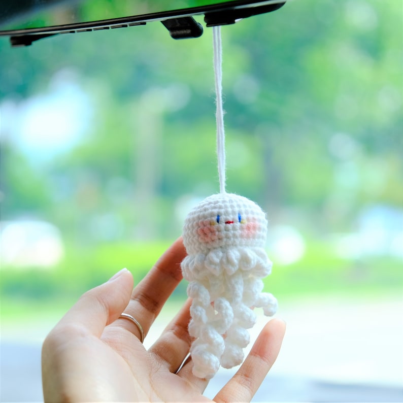 Crochet Octopus Rearview Mirror Charm, Car Mirror Hanging Accessories, Cute Jellyfish Car Interior Accessories for Women/Teens/Men
