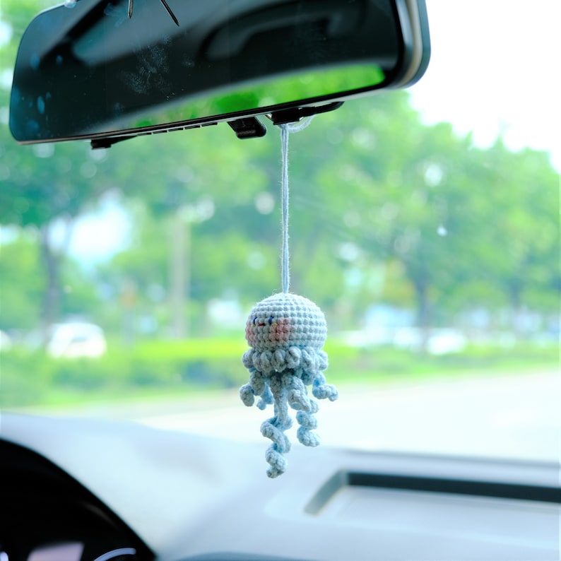 Crochet Octopus Rearview Mirror Charm, Car Mirror Hanging Accessories, Cute Jellyfish Car Interior Accessories for Women/Teens/Men