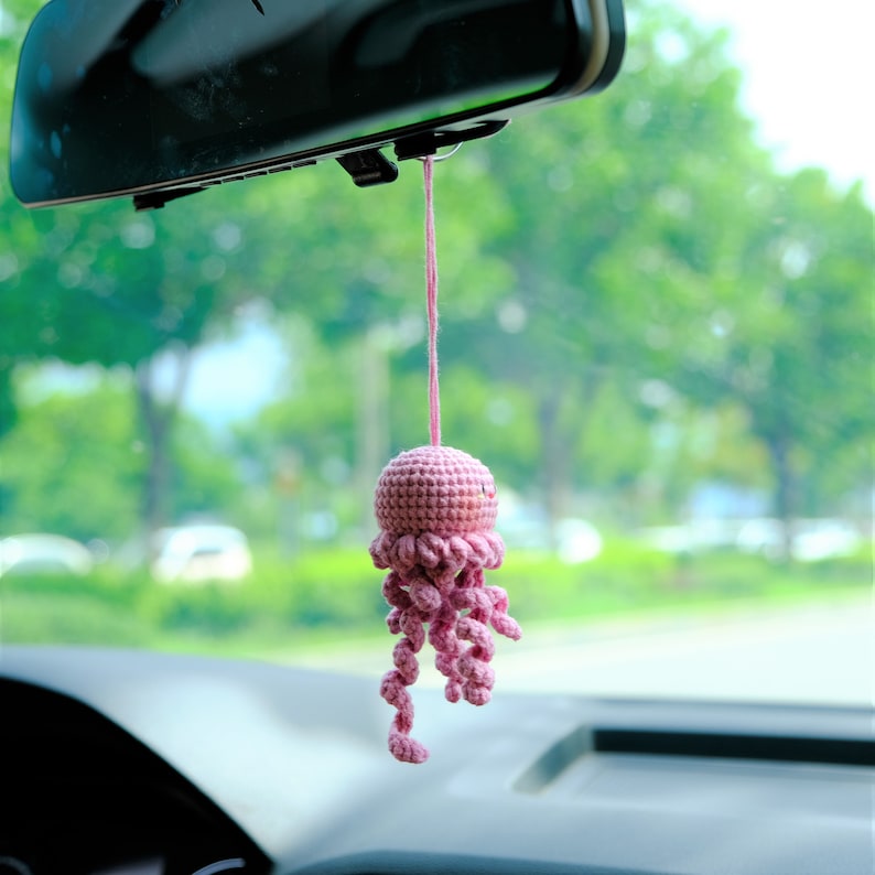 Crochet Octopus Rearview Mirror Charm, Car Mirror Hanging Accessories, Cute Jellyfish Car Interior Accessories for Women/Teens/Men