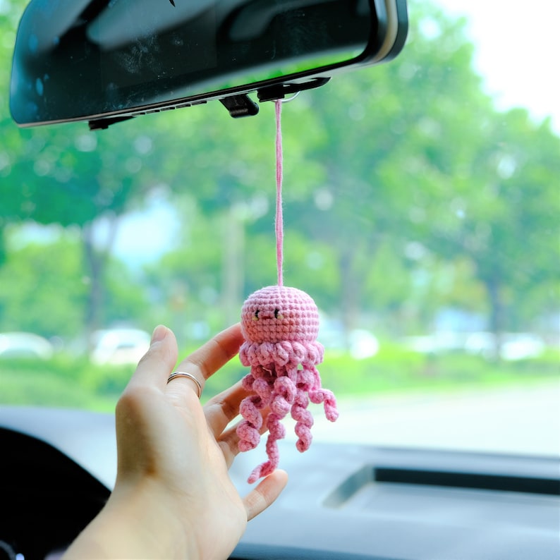 Crochet Octopus Rearview Mirror Charm, Car Mirror Hanging Accessories, Cute Jellyfish Car Interior Accessories for Women/Teens/Men