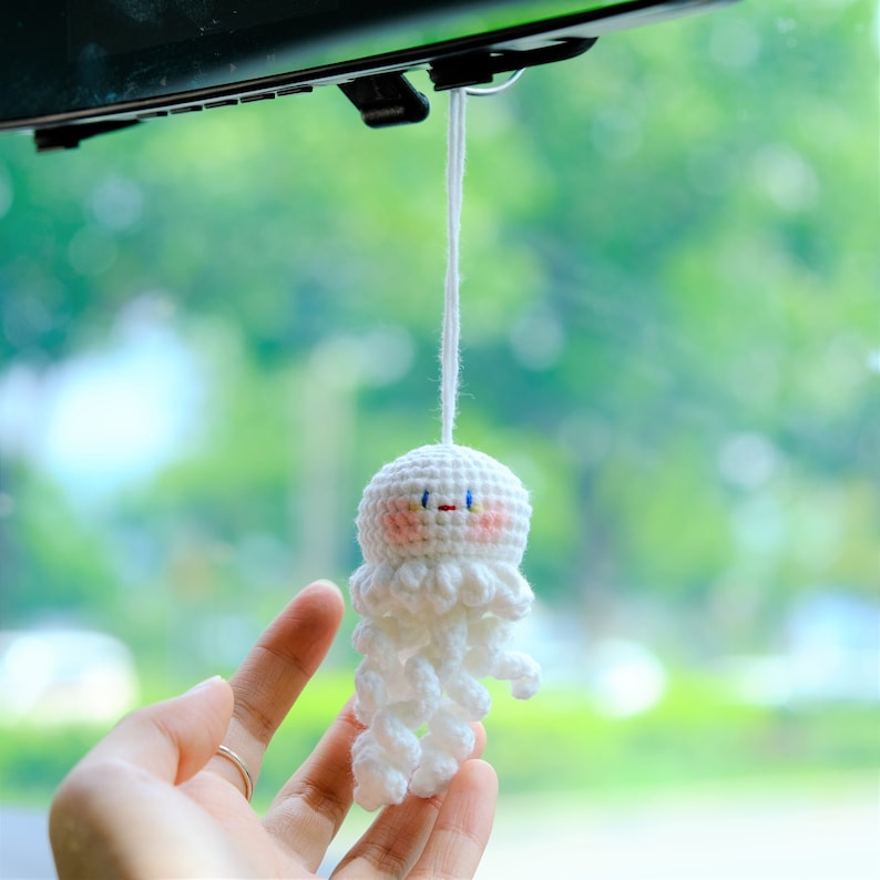 Crochet Octopus Rearview Mirror Charm, Car Mirror Hanging Accessories, Cute Jellyfish Car Interior Accessories for Women/Teens/Men