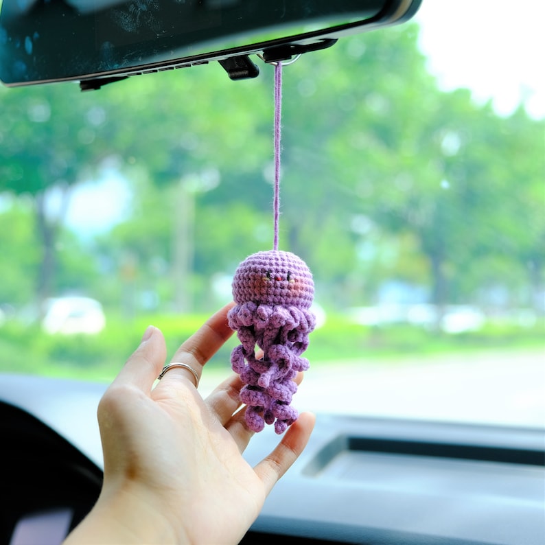 Crochet Octopus Rearview Mirror Charm, Car Mirror Hanging Accessories, Cute Jellyfish Car Interior Accessories for Women/Teens/Men