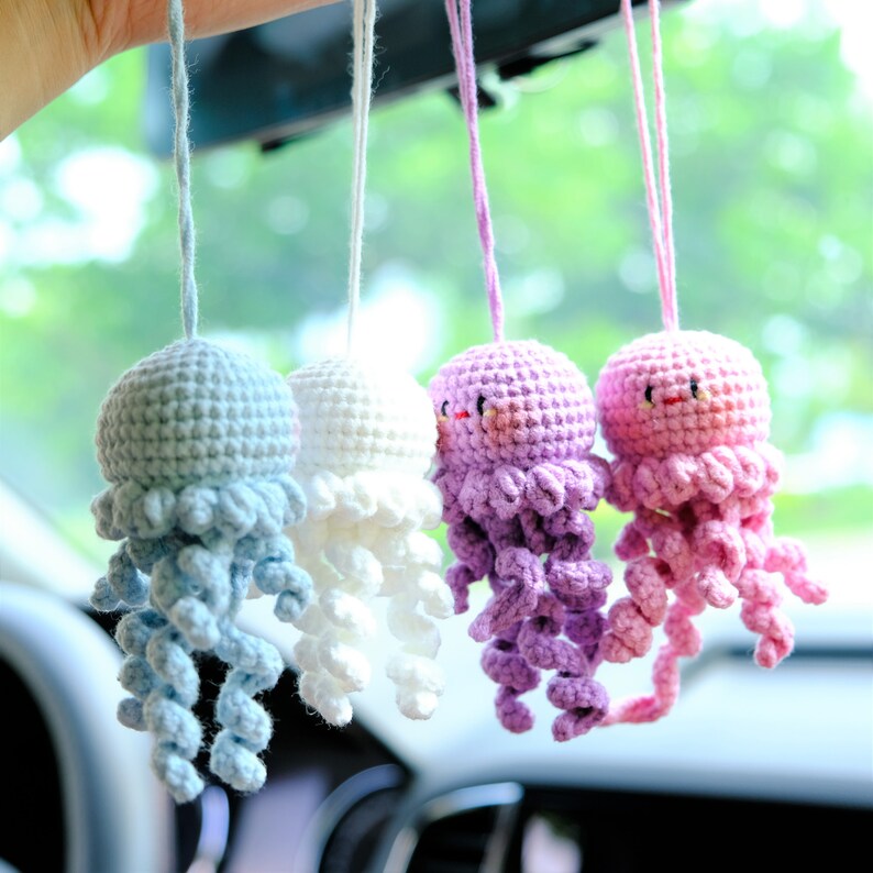 Crochet Octopus Rearview Mirror Charm, Car Mirror Hanging Accessories, Cute Jellyfish Car Interior Accessories for Women/Teens/Men