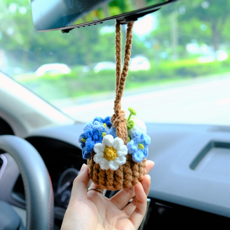 Crochet Forget Me Not Rearview Mirror Accessories, Blue/Purple Flower Basket Car Mirror Hanging Accessories, Cute Car Accessories for Women