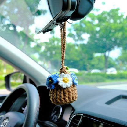 Crochet Forget Me Not Rearview Mirror Accessories, Blue/Purple Flower Basket Car Mirror Hanging Accessories, Cute Car Accessories for Women