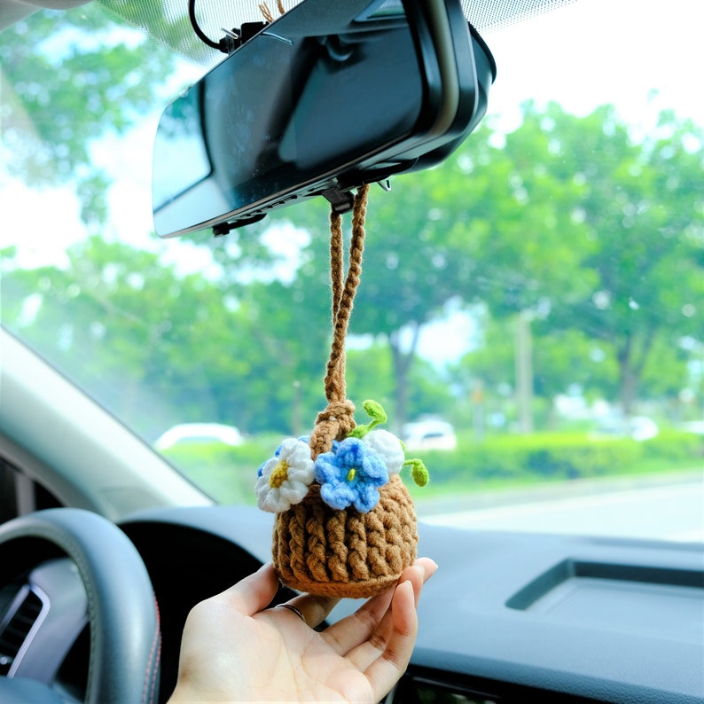 Crochet Forget Me Not Rearview Mirror Accessories, Blue/Purple Flower Basket Car Mirror Hanging Accessories, Cute Car Accessories for Women