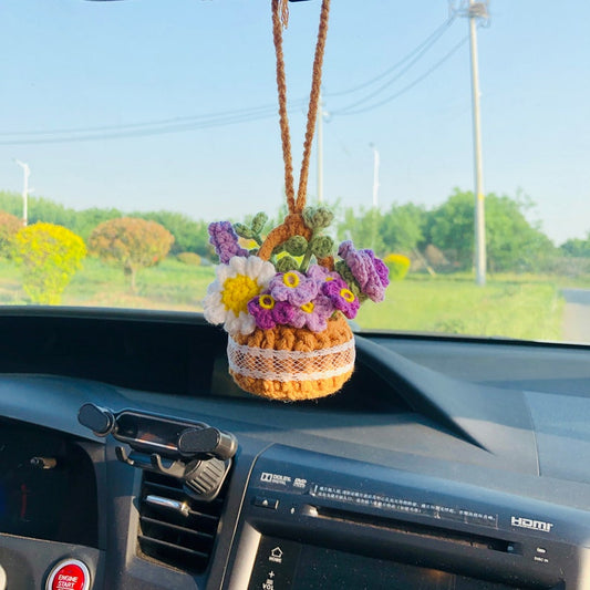 Crochet Cute Daisy Forget Me Not Lavender Car Mirror Hanging Accessories for Women Teens Interior Rear View Mirror Flower Charm Decor