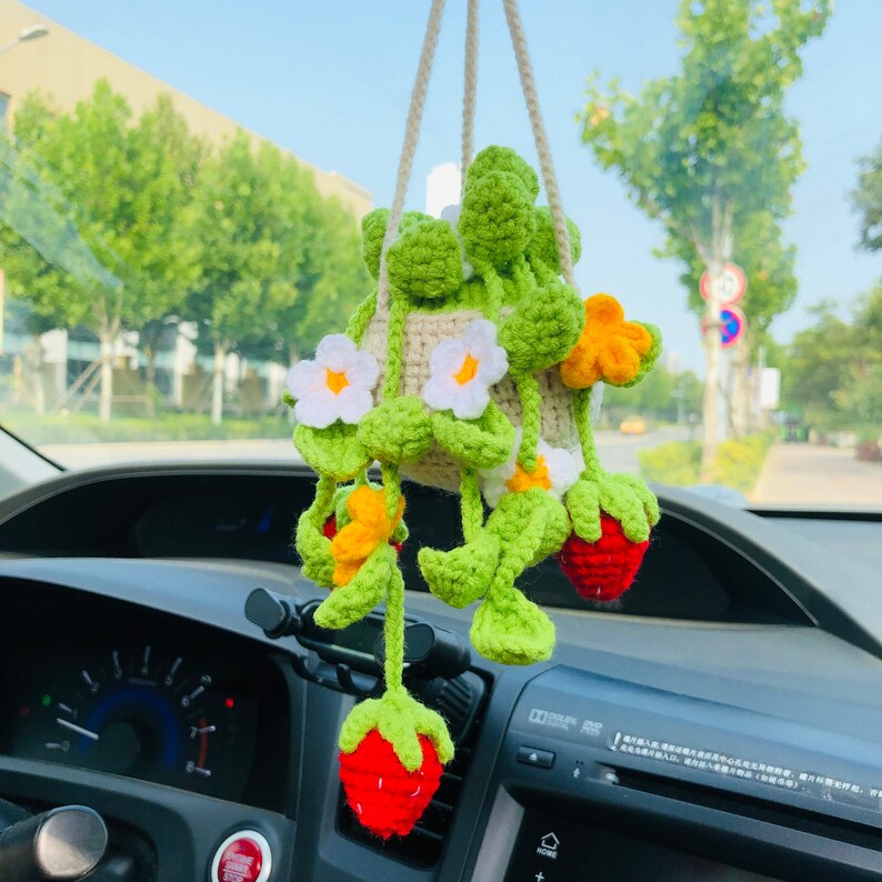 Crochet Cute Strawberry flower basket Car Mirror Hanging Accessories for Women Teens Interior Rear View Mirror Flower Charm Decor