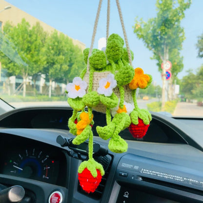 Crochet Cute Strawberry flower basket Car Mirror Hanging Accessories for Women Teens Interior Rear View Mirror Flower Charm Decor