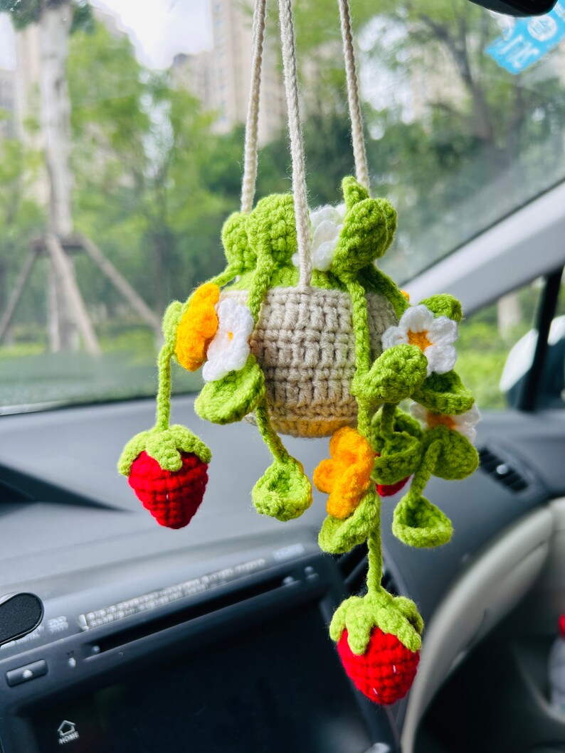 Crochet Cute Strawberry flower basket Car Mirror Hanging Accessories for Women Teens Interior Rear View Mirror Flower Charm Decor