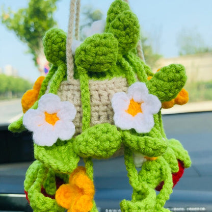 Crochet Cute Strawberry flower basket Car Mirror Hanging Accessories for Women Teens Interior Rear View Mirror Flower Charm Decor