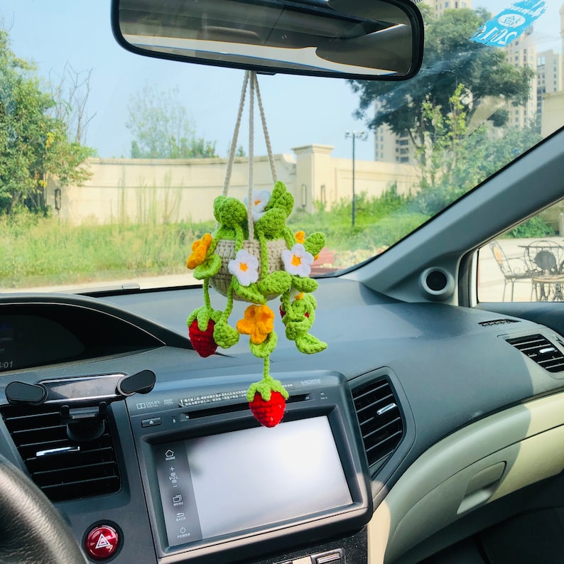Crochet Cute Strawberry flower basket Car Mirror Hanging Accessories for Women Teens Interior Rear View Mirror Flower Charm Decor