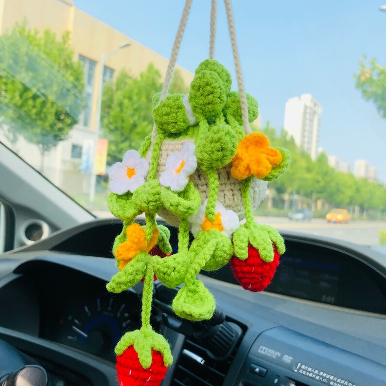 Crochet Cute Strawberry flower basket Car Mirror Hanging Accessories for Women Teens Interior Rear View Mirror Flower Charm Decor