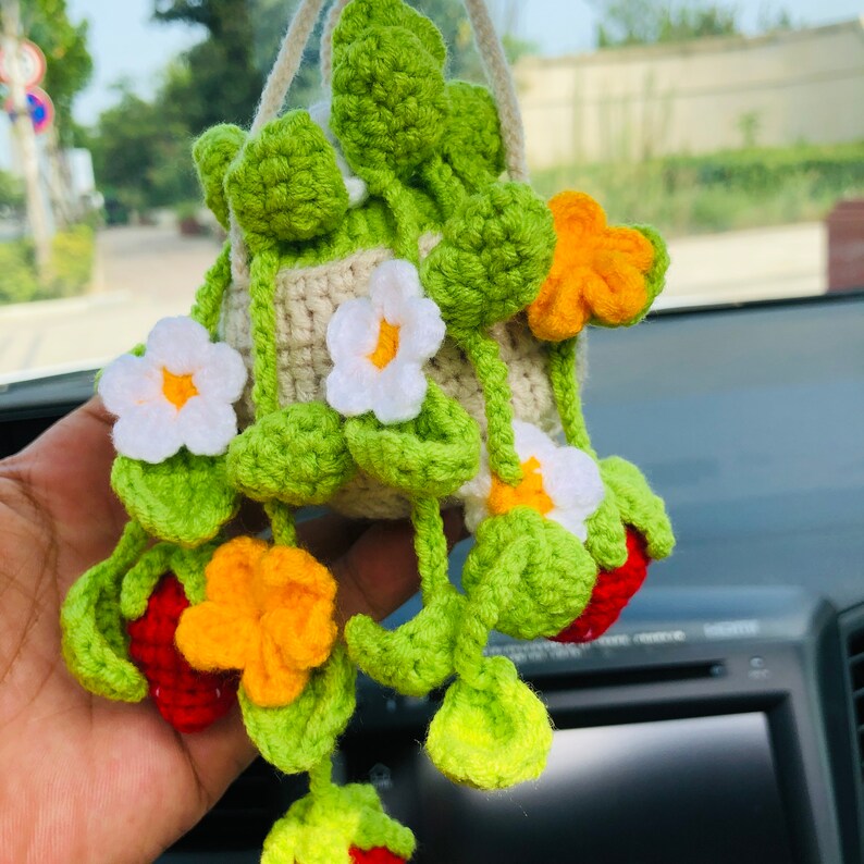 Crochet Cute Strawberry flower basket Car Mirror Hanging Accessories for Women Teens Interior Rear View Mirror Flower Charm Decor
