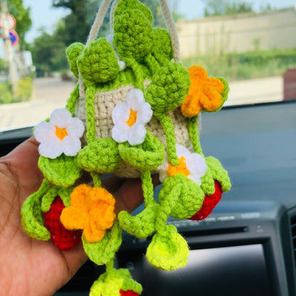 Crochet Cute Strawberry flower basket Car Mirror Hanging Accessories for Women Teens Interior Rear View Mirror Flower Charm Decor