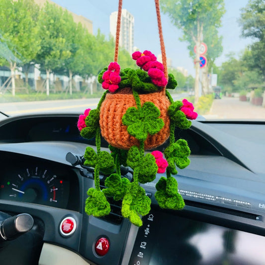 Crochet Cute clover flower Car Mirror Hanging Accessories for Women Teens Interior Rear View Mirror Flower Charm Decor