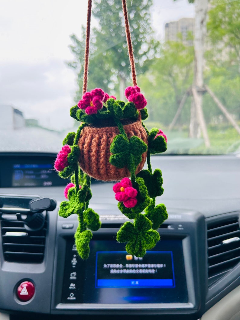 Crochet Cute clover flower Car Mirror Hanging Accessories for Women Teens Interior Rear View Mirror Flower Charm Decor