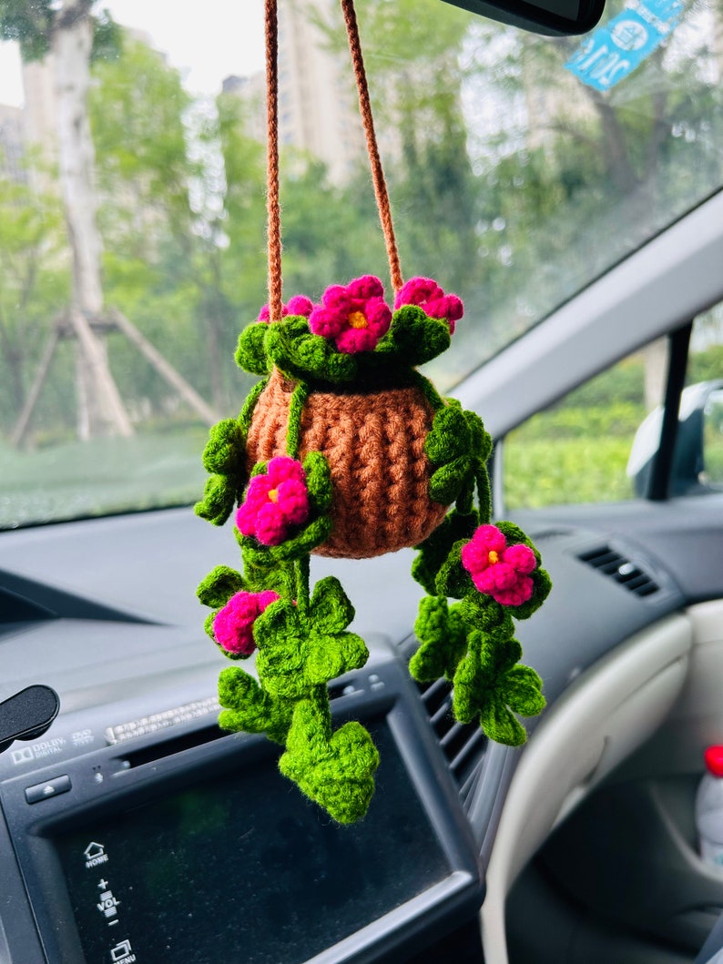Crochet Cute clover flower Car Mirror Hanging Accessories for Women Teens Interior Rear View Mirror Flower Charm Decor