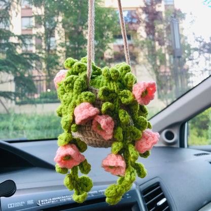 Crochet Cute pink lily of the valley basket Car Mirror Hanging Accessories for Women Teens Interior Rear View Mirror Flower Charm Decor
