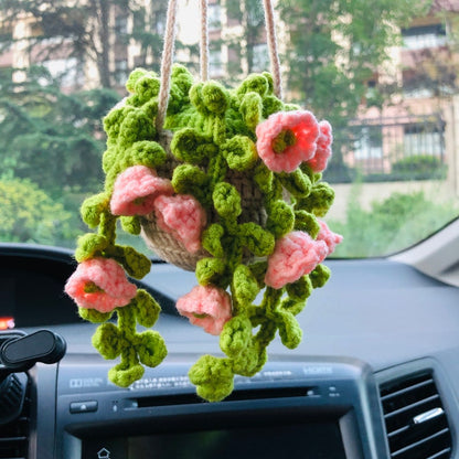 Crochet Cute pink lily of the valley basket Car Mirror Hanging Accessories for Women Teens Interior Rear View Mirror Flower Charm Decor