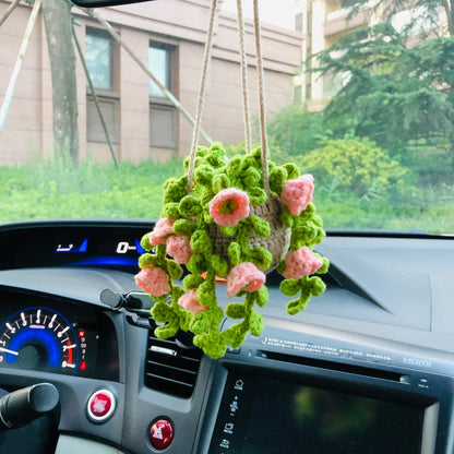Crochet Cute pink lily of the valley basket Car Mirror Hanging Accessories for Women Teens Interior Rear View Mirror Flower Charm Decor