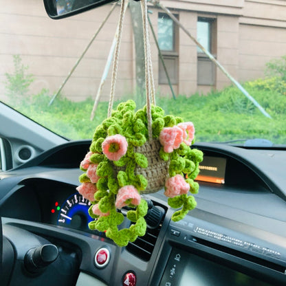 Crochet Cute pink lily of the valley basket Car Mirror Hanging Accessories for Women Teens Interior Rear View Mirror Flower Charm Decor