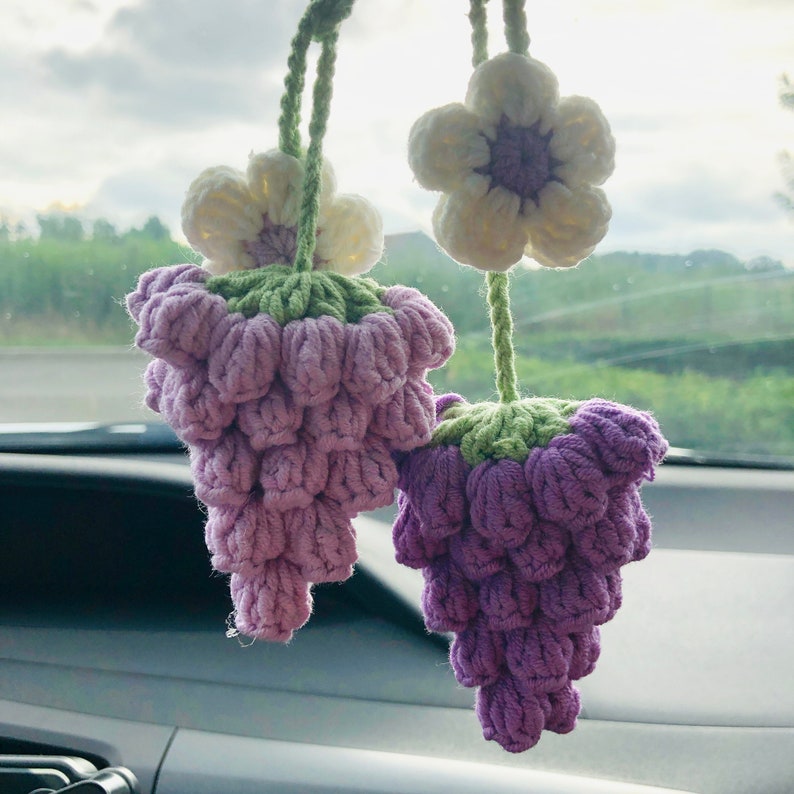 Crochet Cute grape Car Mirror Hanging Accessories for Women Teens Interior Rear View Mirror Flower Charm Decor