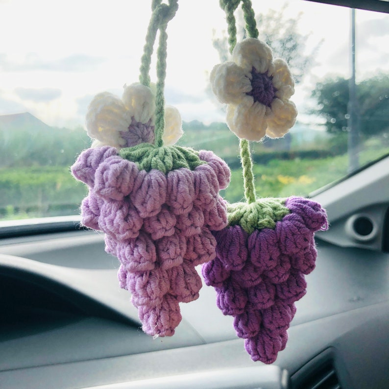 Crochet Cute grape Car Mirror Hanging Accessories for Women Teens Interior Rear View Mirror Flower Charm Decor