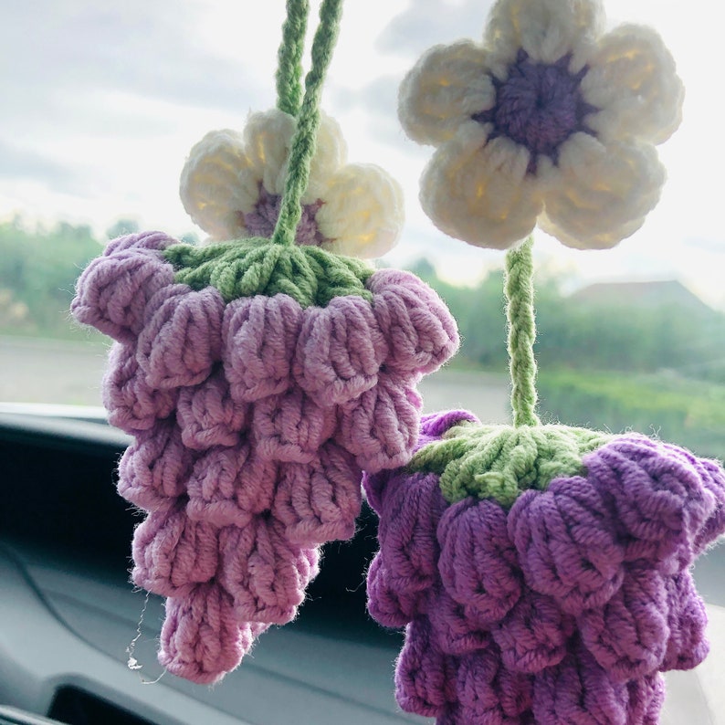 Crochet Cute grape Car Mirror Hanging Accessories for Women Teens Interior Rear View Mirror Flower Charm Decor