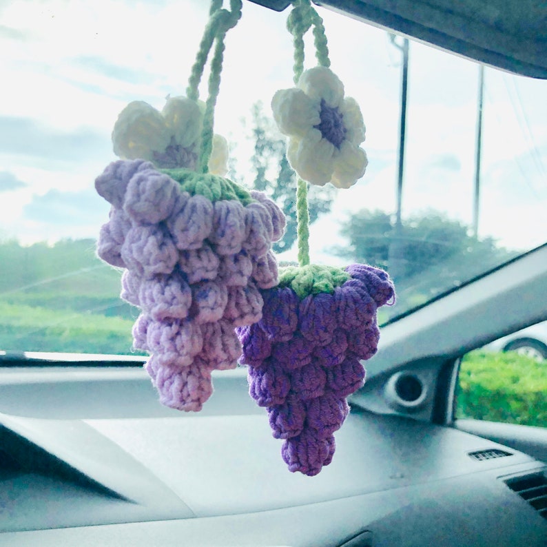 Crochet Cute grape Car Mirror Hanging Accessories for Women Teens Interior Rear View Mirror Flower Charm Decor