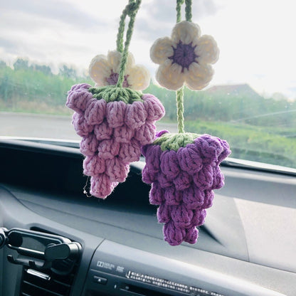 Crochet Cute grape Car Mirror Hanging Accessories for Women Teens Interior Rear View Mirror Flower Charm Decor