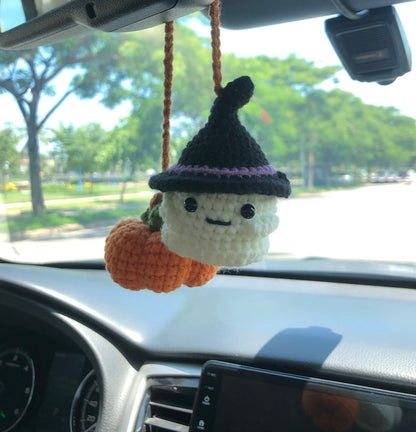 Crochet Ghost And Pumpkin Car Charm Spooky, Cute Ghost Pumpkin Rear View Mirror Ornament, Fall Halloween Car Accessories Halloween Car Decor