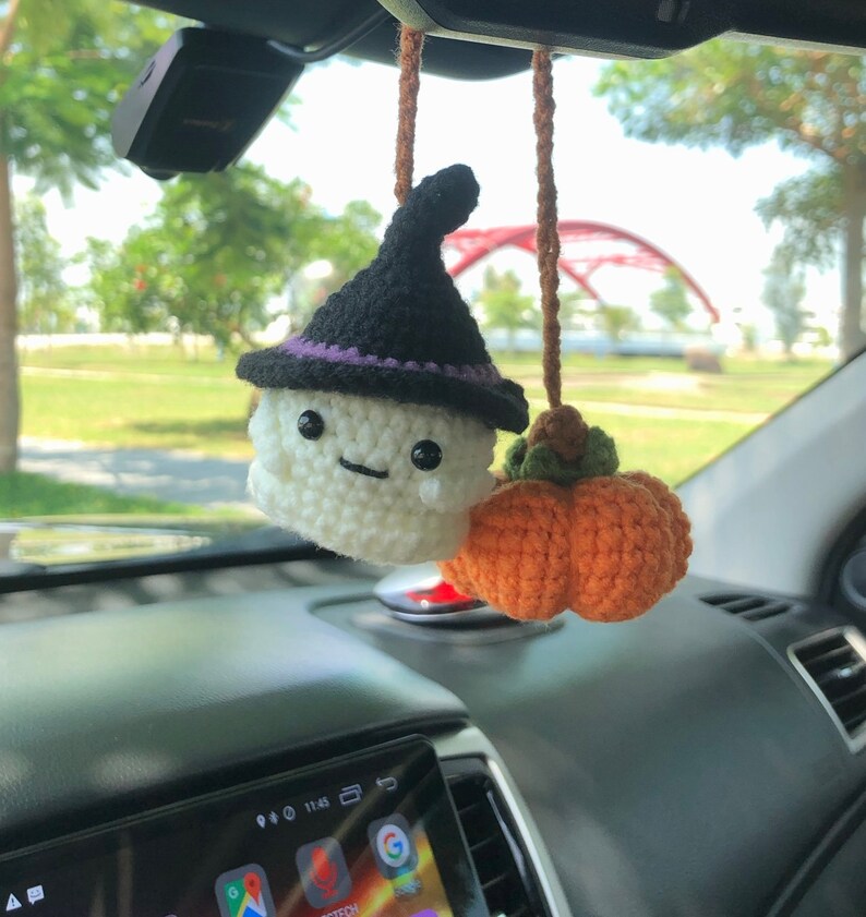 Crochet Ghost And Pumpkin Car Charm Spooky, Cute Ghost Pumpkin Rear View Mirror Ornament, Fall Halloween Car Accessories Halloween Car Decor