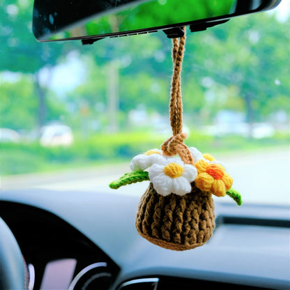 Crochet Fluffy Flowers Car Mirror Hanging Accessories, Mini Daisy Flower Basket Car Rear View Mirror Accessory, Cute Interior Car Accessory